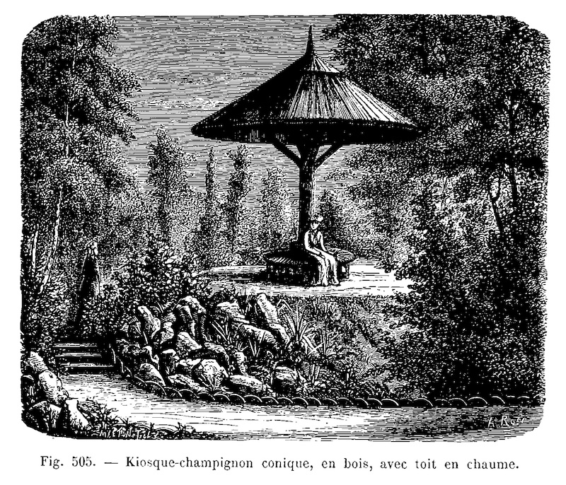 Kiosque champignon conique, en bois, avec toit en chaume. L'art des jardins©